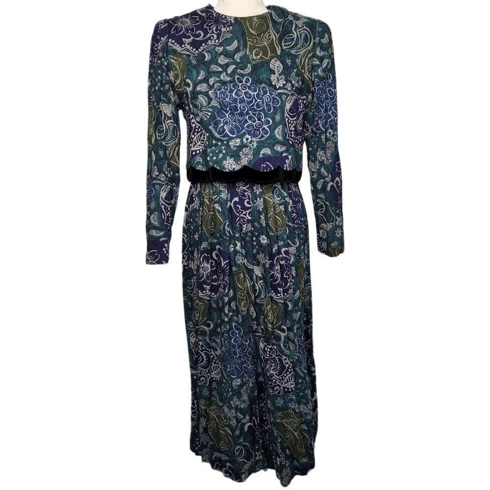 VINTAGE 90s dress dark floral long sleeve two piece‎ maxi S